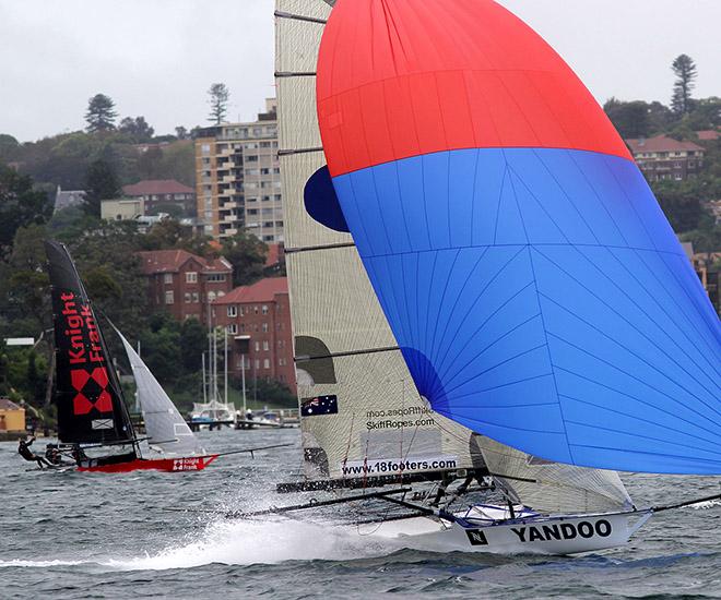 Yandoo on the tight spinnaker run ahead of Knight Frank. - 2017 JJ Giltinan Championship © 18footers.com